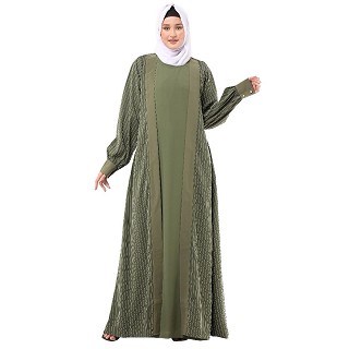 Cardigan abaya set- Jade green stripped Shrug with sleeveless inner abaya